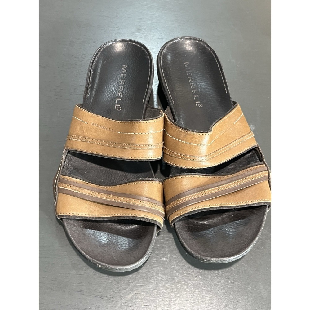 Merrell Women Sz 7 Performance Slip on Sandals Brown Leather 1505654